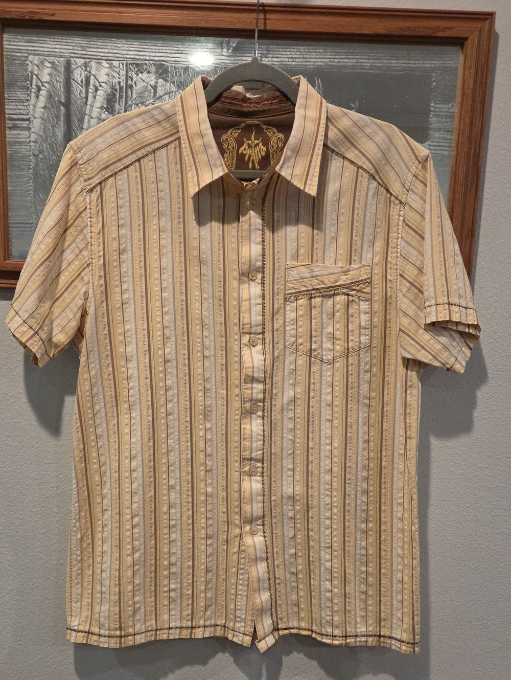 Prana Short-Sleeve Striped Button-Down Shirt in Beige and Brown